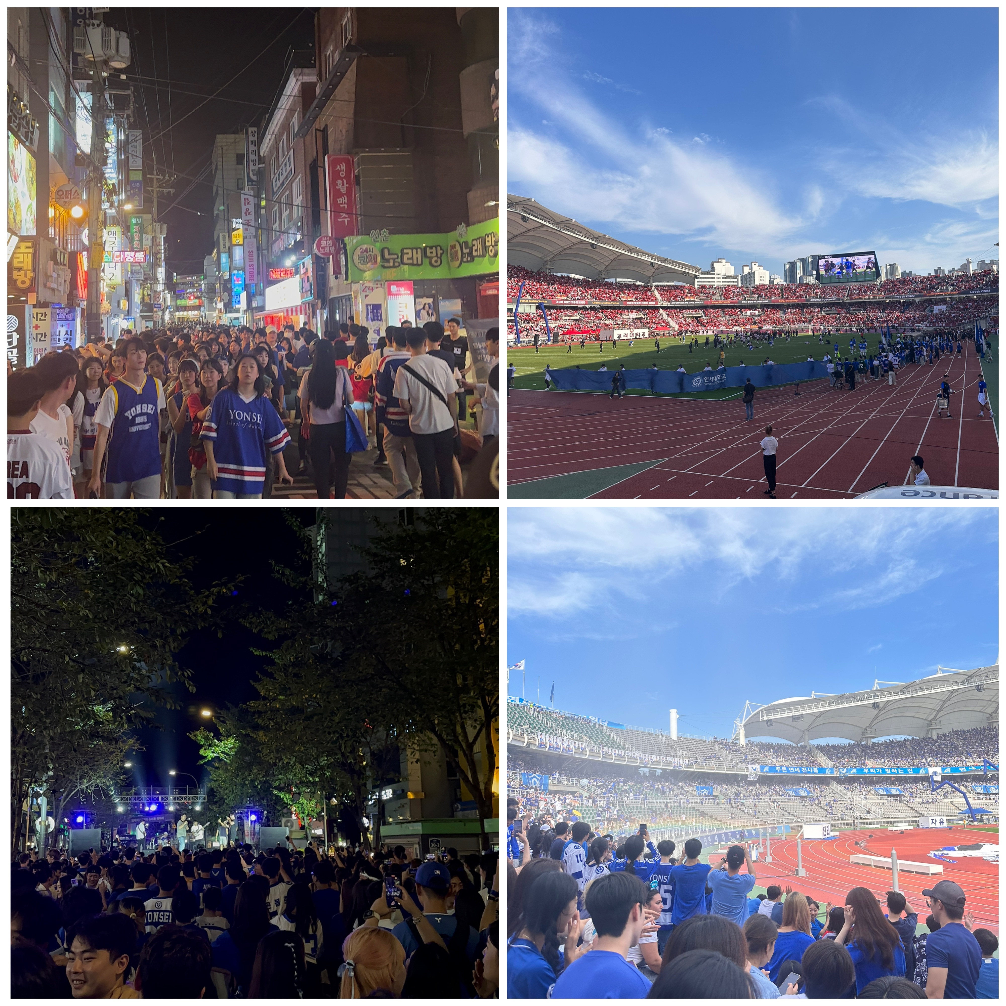 Photo collage showing Yonsei sporting events, including a track and field stadium, and people walking in Yonsei jerseys in a Korean city