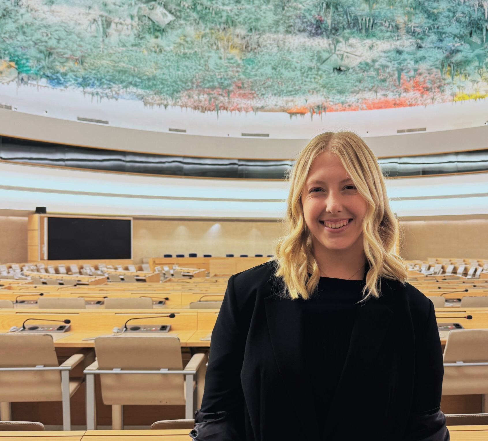 picture of student inside the  Palais des Nations, the headquarters to the United Nations in Geneva