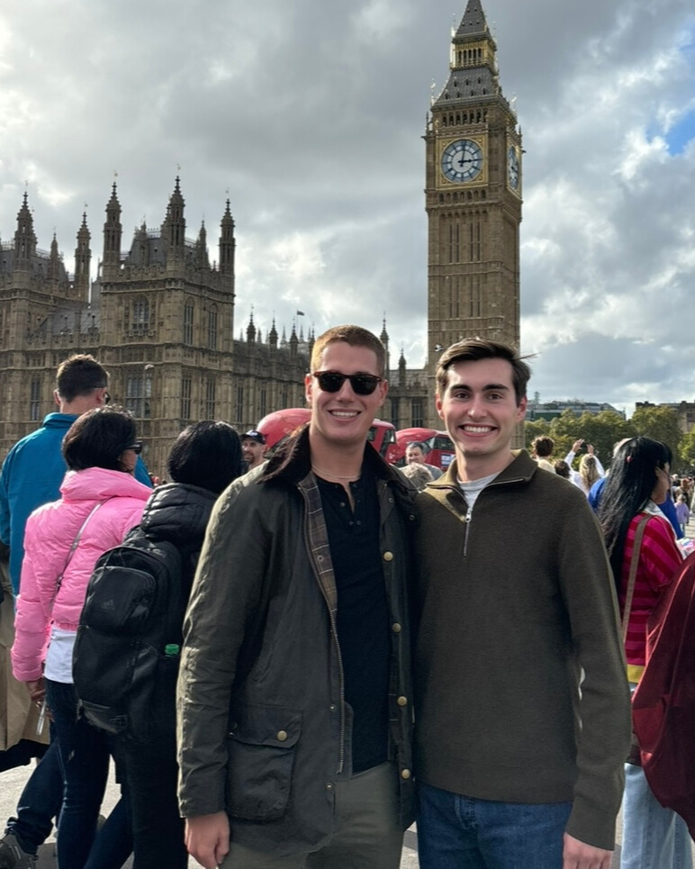 student and friend posing with Big Ben on the background