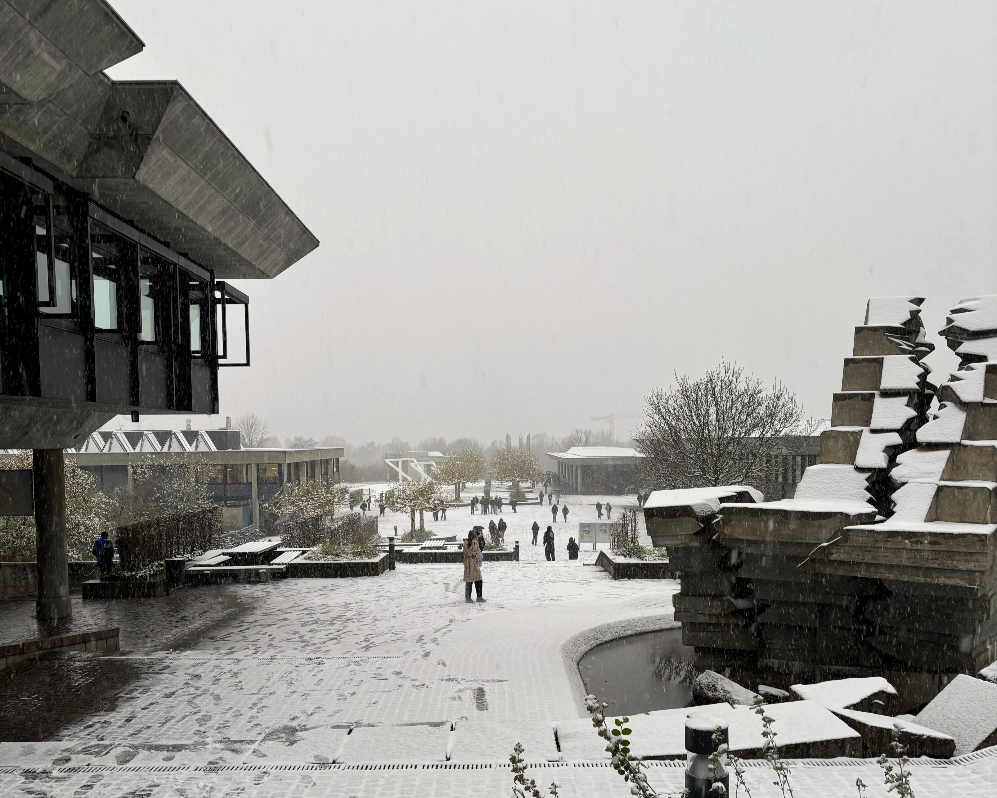 view of student's campus covered in snow in Zurich