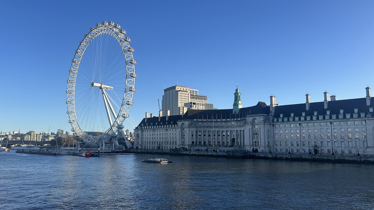 view of The London Eye on the south bank of the Thames River