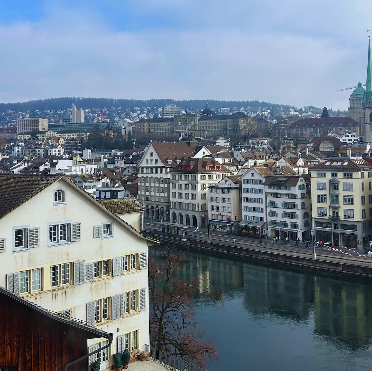 view of building skyline from Lindenhof in Zurich, Switzerland