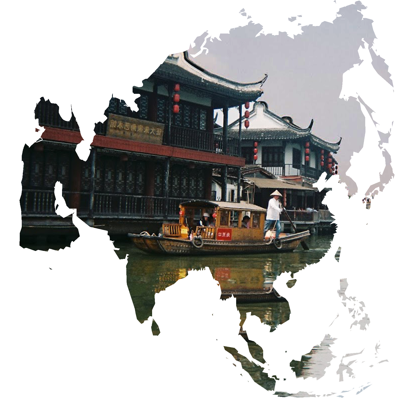 Asian continent silhouette with photo of traditional architecture