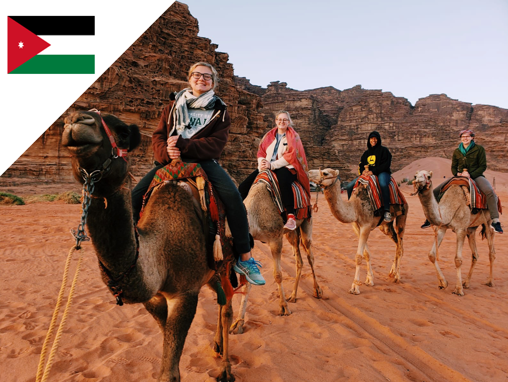 GW students riding camels in Morocco.