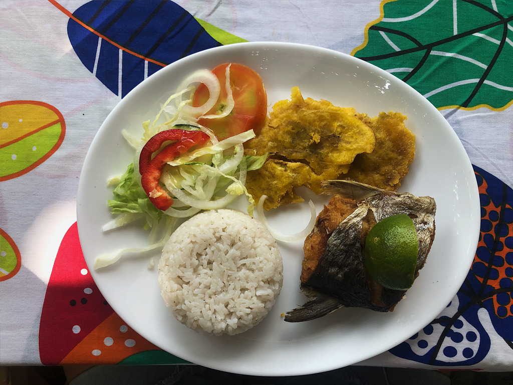 A dinner plate holding rice, fish, fried plantains, and salad.