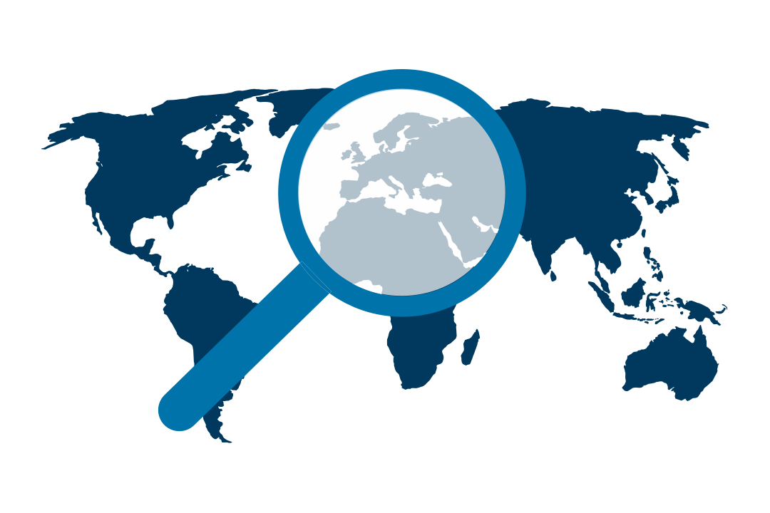 world map and magnifying glass icon