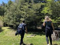Jaime and Ava walking through a clearing in the forest