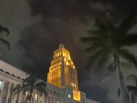 view of student exploring the city at night