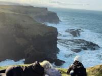 student overlooking at the seas while sitting on the seaside cliffs in Ireland