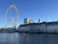 view of The London Eye on the south bank of the Thames River
