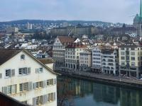 view of building skyline from Lindenhof in Zurich, Switzerland