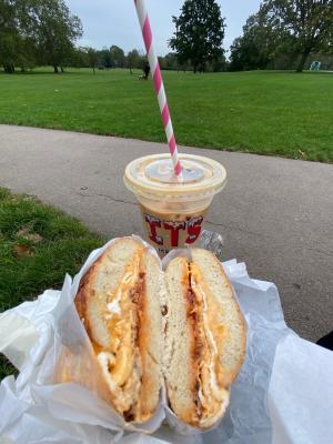 Bacon egg, and cheese sandwich with an iced coffee