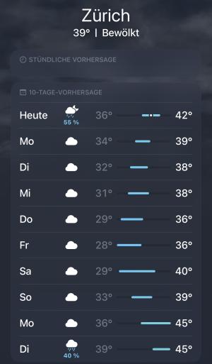 view of weather forecast app in Zurich showing low temperatures