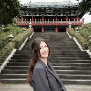 student visiting a temple in Jeju