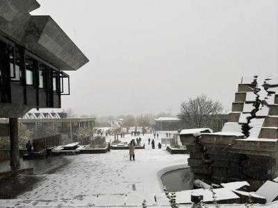 view of student's campus covered in snow in Zurich