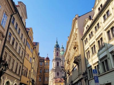 street view of the building and stores leading to the Prague Castle in Czech Republic