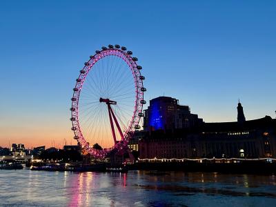 view of The London Eye on the south bank of the Thames River during Sunset