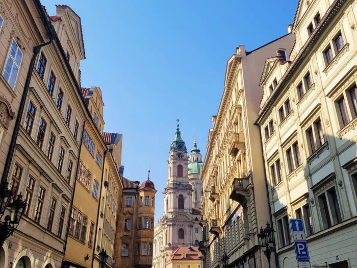 street view of the building and stores leading to the Prague Castle in Czech Republic