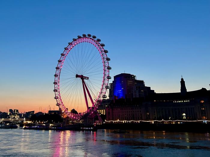 view of The London Eye on the south bank of the Thames River during Sunset